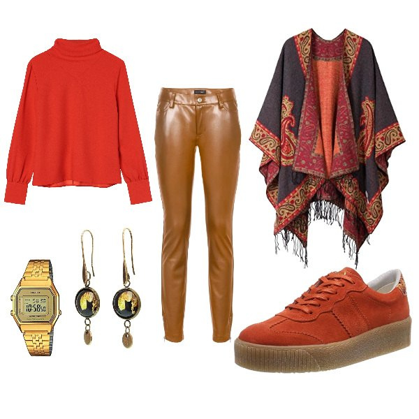 Outfit donna - Capodanno easy(ma è sempre Capodanno). Stile Basic per Serata fuori. Abbinamento con orecchini, orecchini nero, camicia, poncio, scarpa sportiva, orologi.