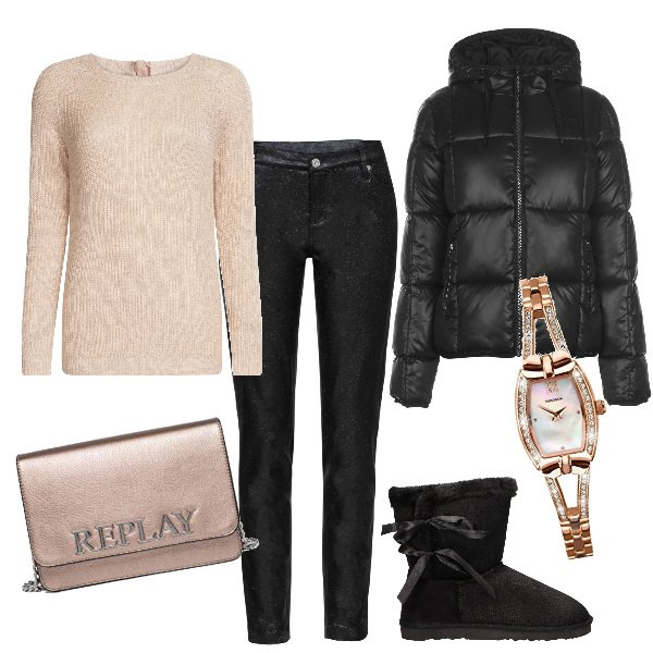 Outfit donna - Capodanno easy cardigan jeans e boots. Stile Basic per Serata fuori. Abbinamento con pantaloni, giubbotto sport con cappuccio e zip con tasche nero, maglioni, stivali interno foderato nero, orologi, borse a tracolla.