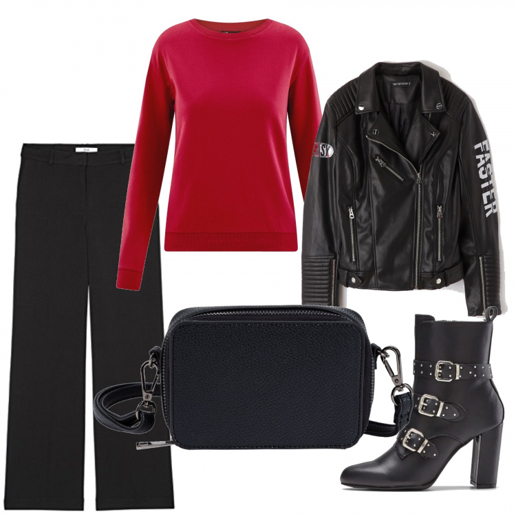 Outfit donna - Mi vesto bene e spendo poco. Stile Trendy per Scuola/Università. Abbinamento con borse a tracolla, stivaletti, giubbino in ecopelle tinta unita nero, felpe, pantaloni.