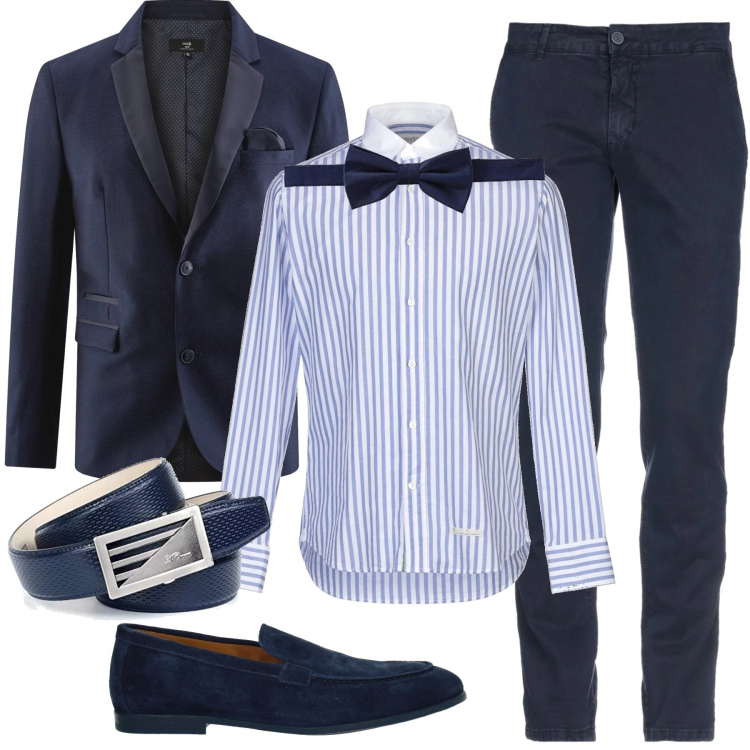 Outfit uomo - Un party in barca. Stile Business/Elegante per Serata speciale. Abbinamento con pantalone lungo, camicia senza tasche a righe collo classico a maniche lunghe in cotone con bottoni, mocassini, giacche, papillon, cinture.