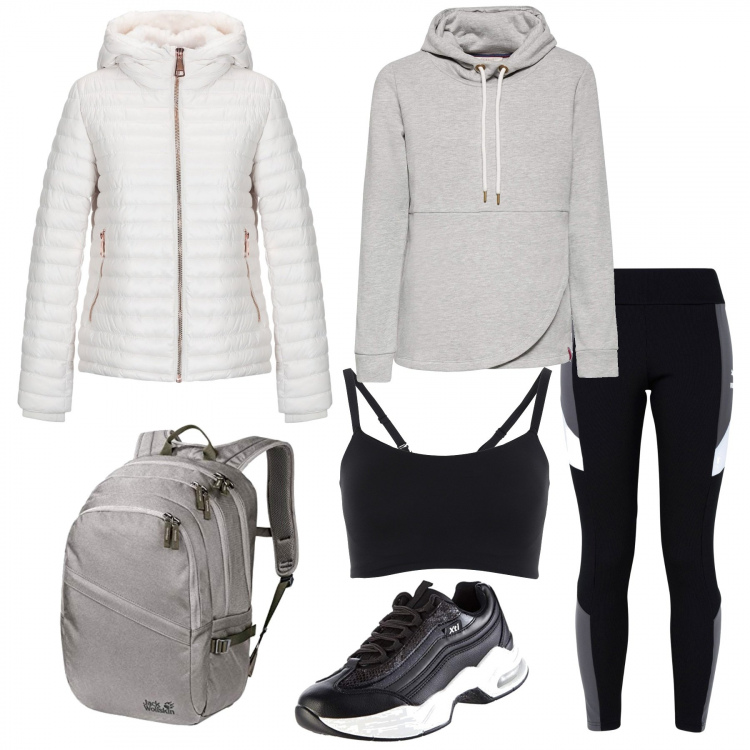 Outfit mujer - Tarde de gimnasio. Estilo Basic para Deporte. Combinación con felpa grigio, sneakers, zaino grigio, leggings, plumíferos, reggiseno.