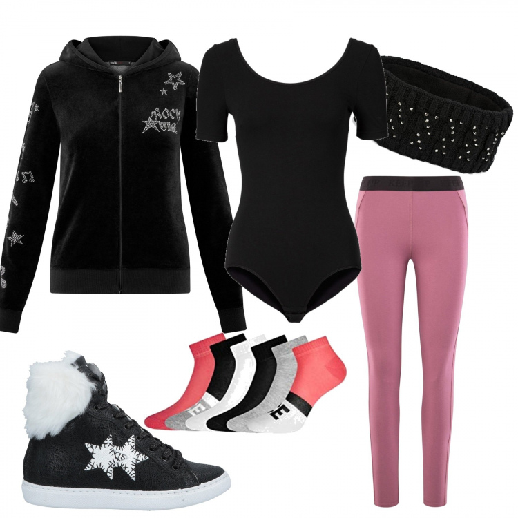 Outfit donna - Fitwalking nel parco. Stile Urban per Sport. Abbinamento con body, sneakers alte, felpe con cappuccio, leggings, calze con stampa multicolore, fasce per capelli.