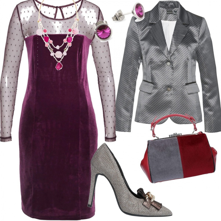 Outfit donna - Capodanno low cost. Stile Chic per Serata fuori. Abbinamento con costumi interi, collana oro, costumi interi, décolleté lavorato a maglia a punta in pelle sintetica tinta unita, borsetta rosso, orecchini.