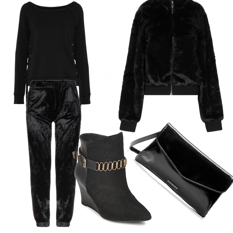 Outfit mujer - Total Black. Estilo Trendy para Noche/Fiesta elegante. Combinación con clutch nero, botines, pantalone, ecopieles, top jersey.