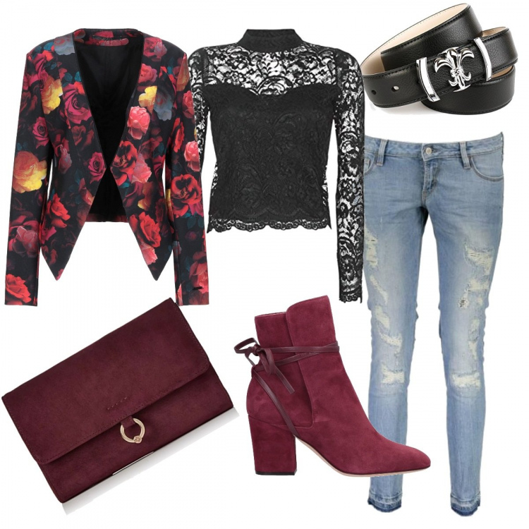 Outfit donna - Capodanno easy way. Stile Trendy per Serata fuori. Abbinamento con giacca, stivaletti, top, jeans, cinture, shopping bag effetto scamosciato taglia unica rosso.