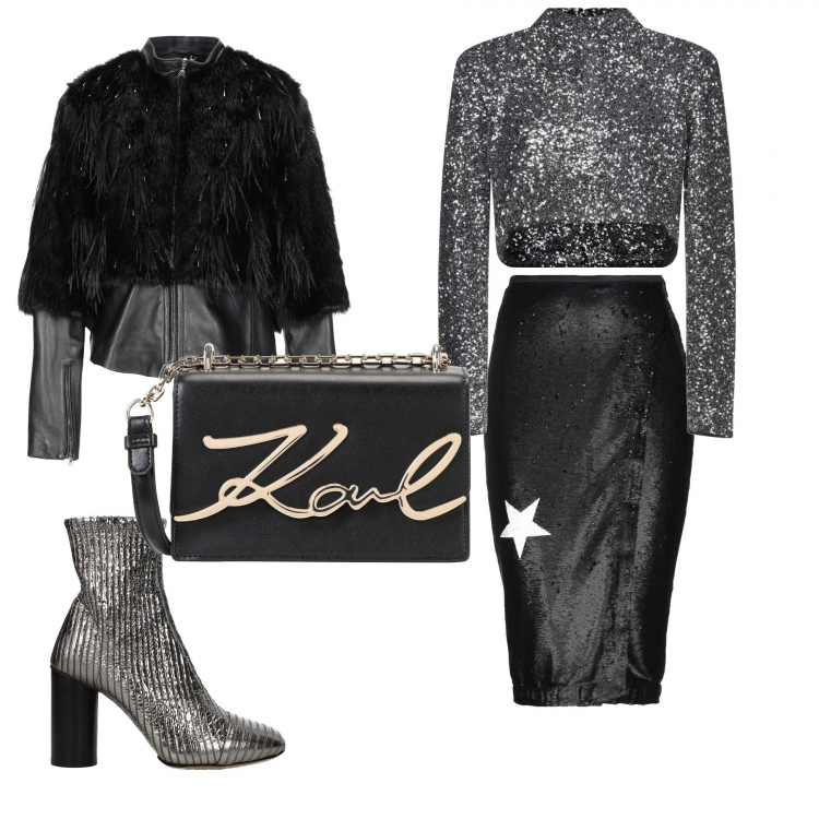 Outfit donna - Serata Rock. Stile Rock per Serata fuori. Abbinamento con gonne longuette, top, ecopellicce, borsa a tracolla mini interno foderato in pelle tinta unita, stivaletti argento.