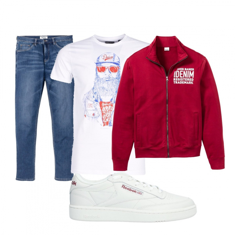 Outfit uomo - Reebook. Stile Casual per Tutti i giorni. Abbinamento con jeans, felpe, sneakers, t-shirt bianco.