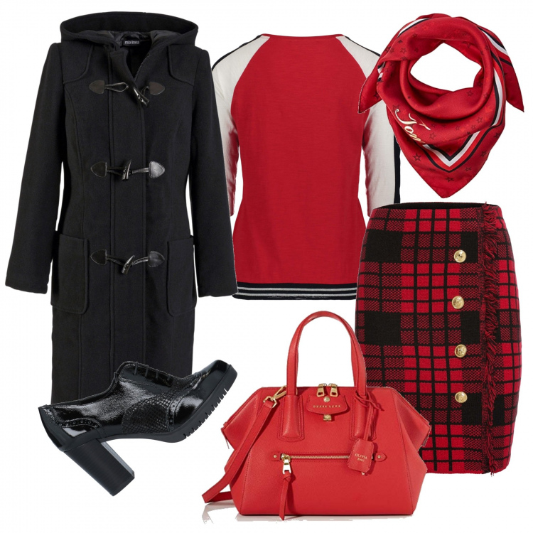 Outfit donna - Sempre elegante. Stile Trendy per Tutti i giorni. Abbinamento con montgomery, gonne, scarpe stringate stringate con stampa effetto vernice con tacco squadrato e punta tonda tinta unita, t-shirt multicolore e blu, borse a mano, foulard.