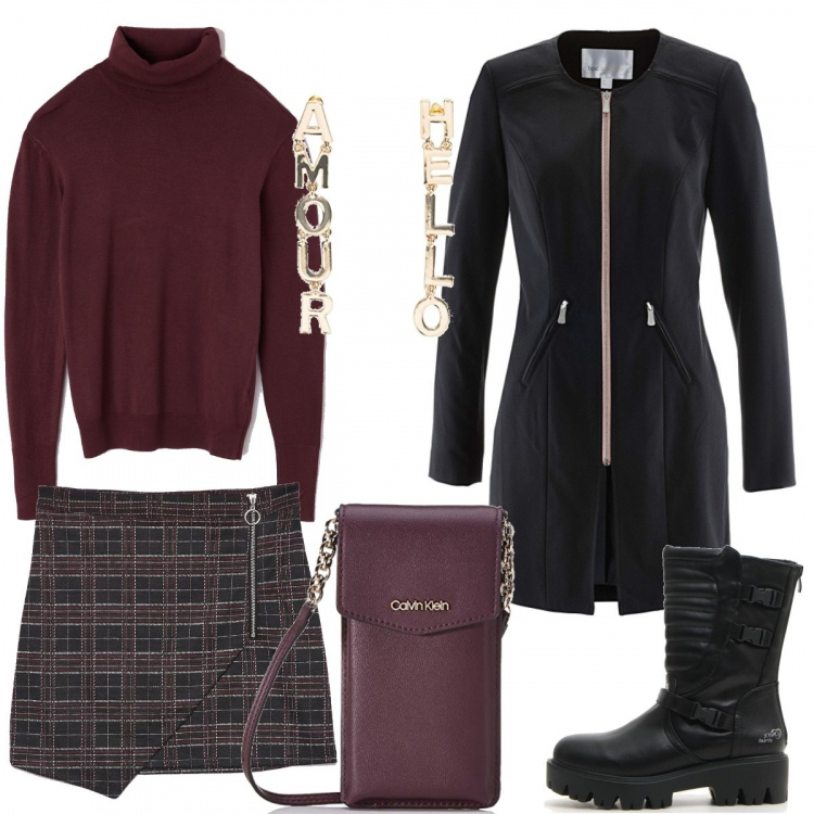 Outfit donna - Mini scozzese con stivali super track. Stile Trendy per Tutti i giorni. Abbinamento con blazer nero, gonna mini fantasia con zip nero, maglia collo a dolcevita bordeaux, stivaletti, borsa a mano, orecchini a pendolo.