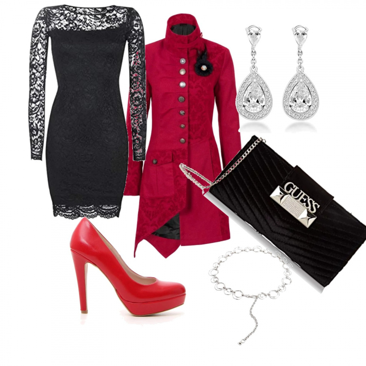 Outfit donna - Total look #395132. per Serata fuori. Abbinamento con cappotti, vestito nero, orecchini pendenti con zirconia in sterling 925 ipoallergenico argento e bianco, décolleté, clutch nero, cinture.