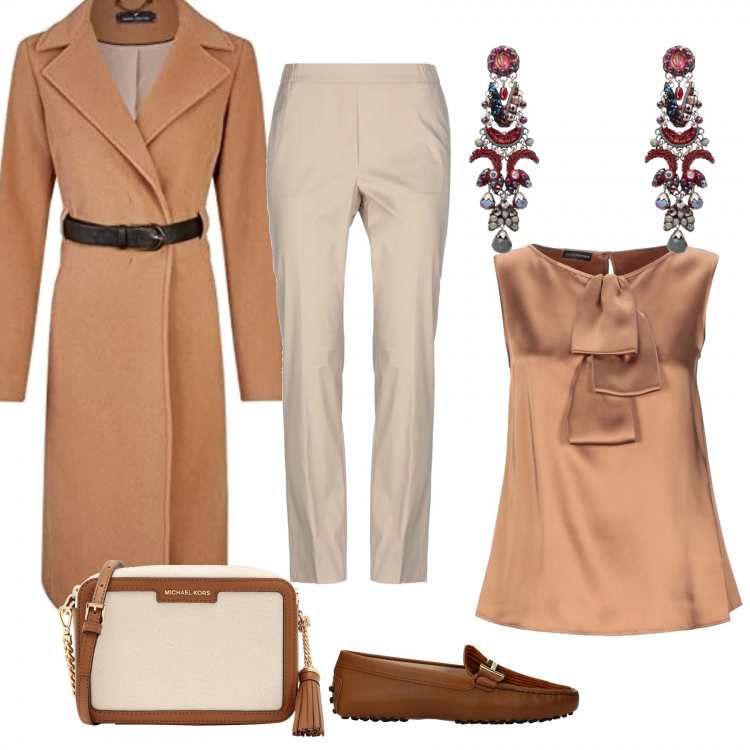 Outfit donna - Passeggiata in centro. Stile Bon Ton per Tutti i giorni. Abbinamento con top, borsa a tracolla, orecchini, pantaloni, mocassini, cappotto.