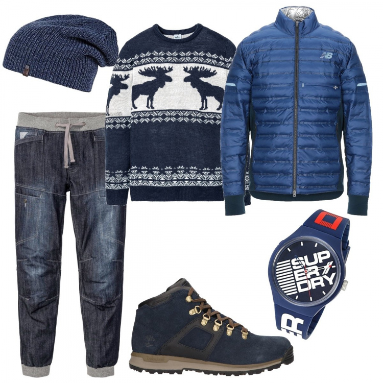 Outfit uomo - Dalle piste al pub. Stile Casual per Tutti i giorni. Abbinamento con maglieria, vestiti, giubbotto, stivali, orologio, berretti.