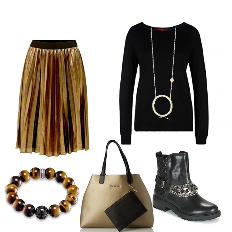 Outfit donna - Un anno d\'oro e rock. Stile Rock per Tutti i giorni. Abbinamento con giubbotto, pullover, collane, gonne, borsa tote multicolore, bracciale in argento 925.