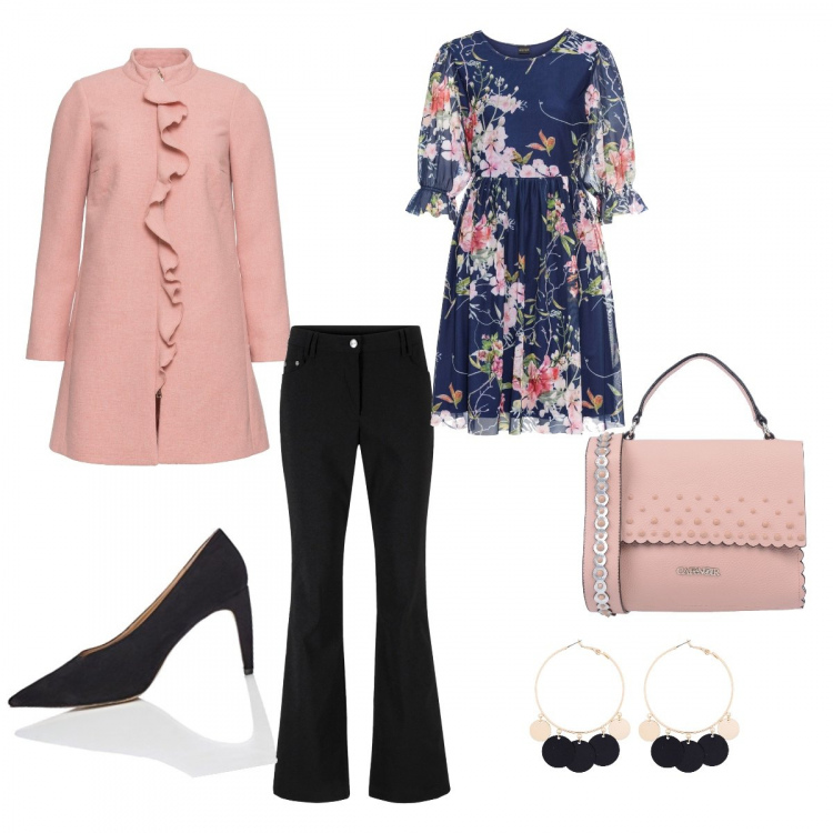 Outfit donna - Romantic Curvy. Stile Bon Ton per Ufficio. look ideale per Tall. Abbinamento con pantaloni, vestito fantasia stretto jersey blu, pantaloni, orecchini, borsa a mano con manico e borchie taglia media con zip interno sfoderato in pelle sintetica tinta unita, scarpe col tacco.