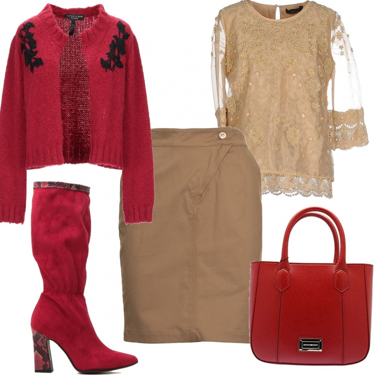 Outfit donna - Cammello e rosso. Stile Basic per Tutti i giorni. Abbinamento con blusa con pizzo e perline collo tondo interno foderato in organza con strass tinta unita, cardigans, gonna, stivali, borsa a mano rosso.