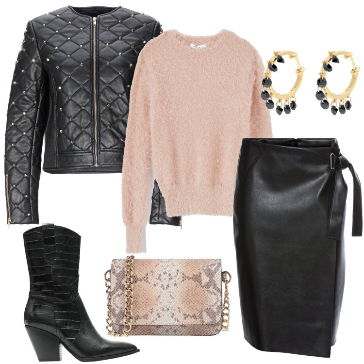 Outfit donna - 2019 eco, femminile, e grintoso. Stile Rock per Ufficio. Abbinamento con cappotti, stivaletti con stampa e cubano con zip a punta in pelle tinta unita, giubbotto senza tasche con borchie collo tondo a maniche lunghe con zip interno foderato in pelle tinta unita, borse a spalla, orecchini, maglia rosa.