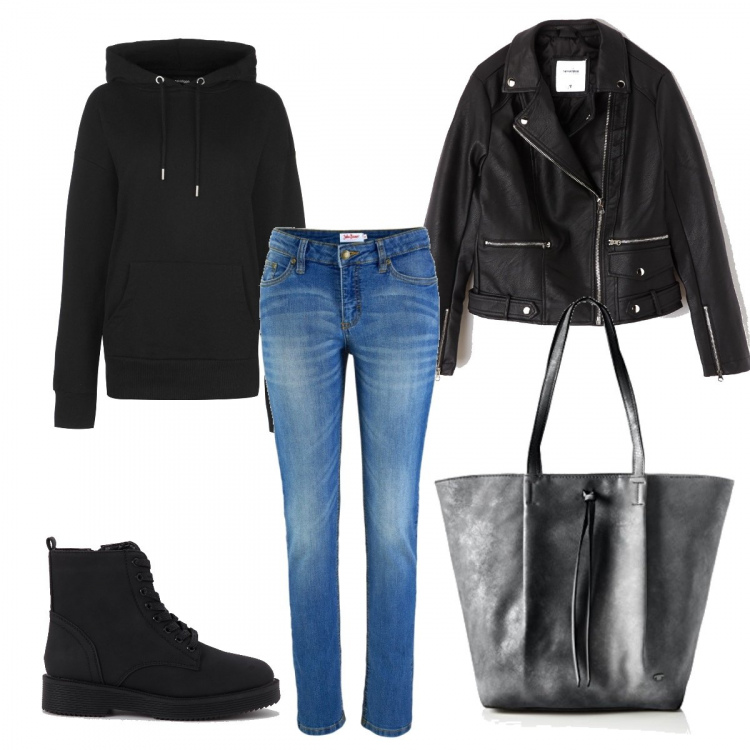 Outfit donna - Ma dove corri?. Stile Basic per Tutti i giorni. Abbinamento con jeans skinny, anfibi con zip tinta unita nero, giubbino in ecopelle tinta unita nero, felpa con cappuccio a maniche lunghe nero e vivace, borse a spalla.