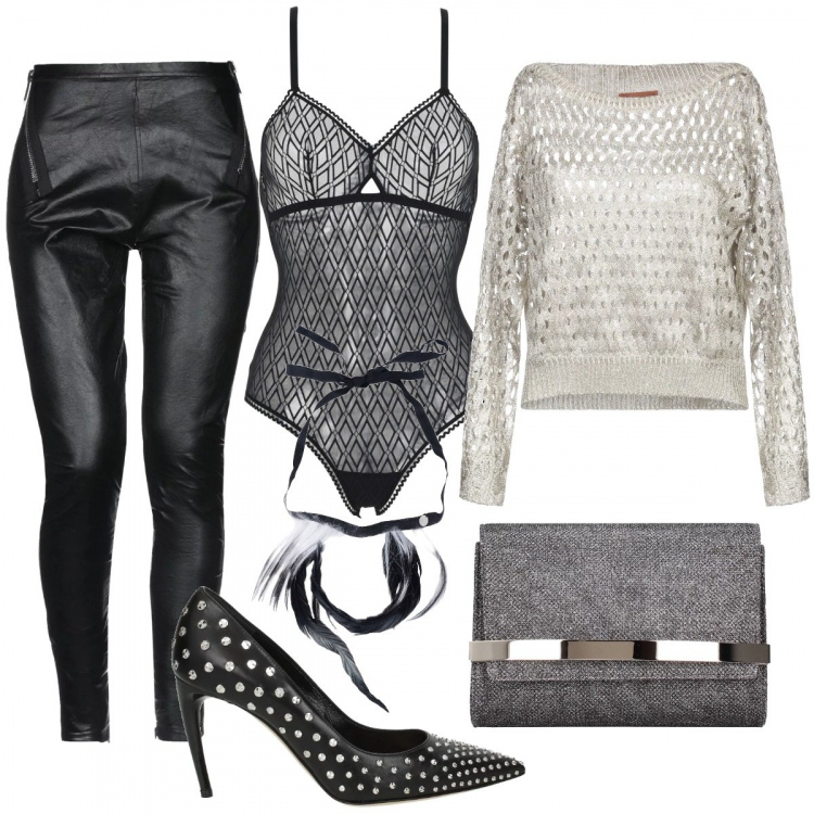 Outfit donna - Capodanno easy. Stile Trendy per Serata fuori. Abbinamento con corpo, pullover lavorato a maglia collo tondo a maniche lunghe taglia media in cupro tinta unita, pantaloni, collane, pochette, décolleté.