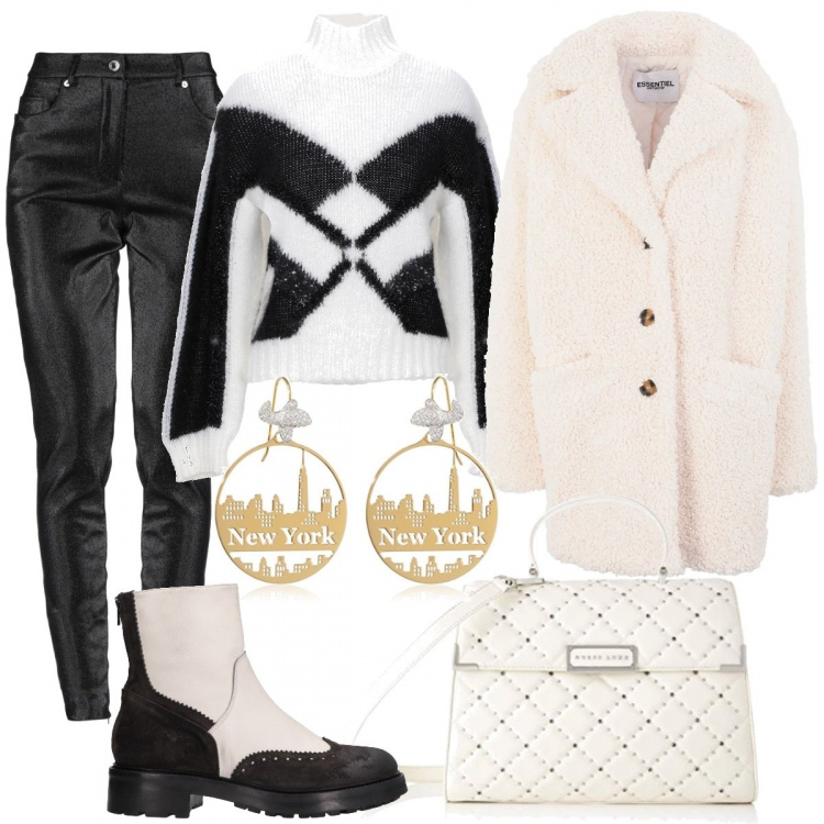 Outfit donna - Calda e comoda con charme. Stile Trendy per Tutti i giorni. Abbinamento con pullovers, stivaletti, cappotti, pantaloni, borse a tracolla, orecchini.
