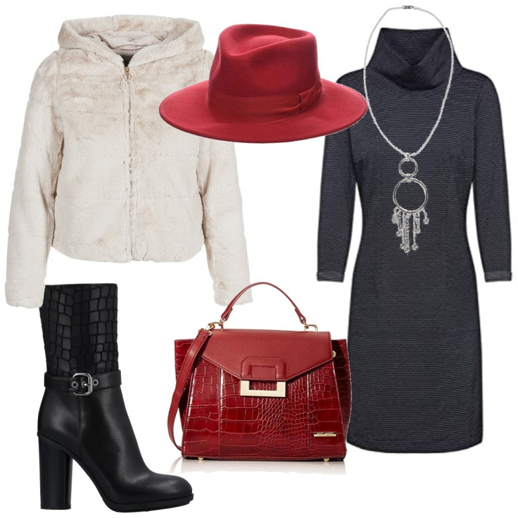 Outfit donna - My 2019’ style. Stile Trendy per Tutti i giorni. Abbinamento con stivaletti con stampa e tacco geometrico con cinturino e punta tonda in pelle tinta unita, collana girocollo con gancetto, giacche, vestiti, zaino, cappello rosso.