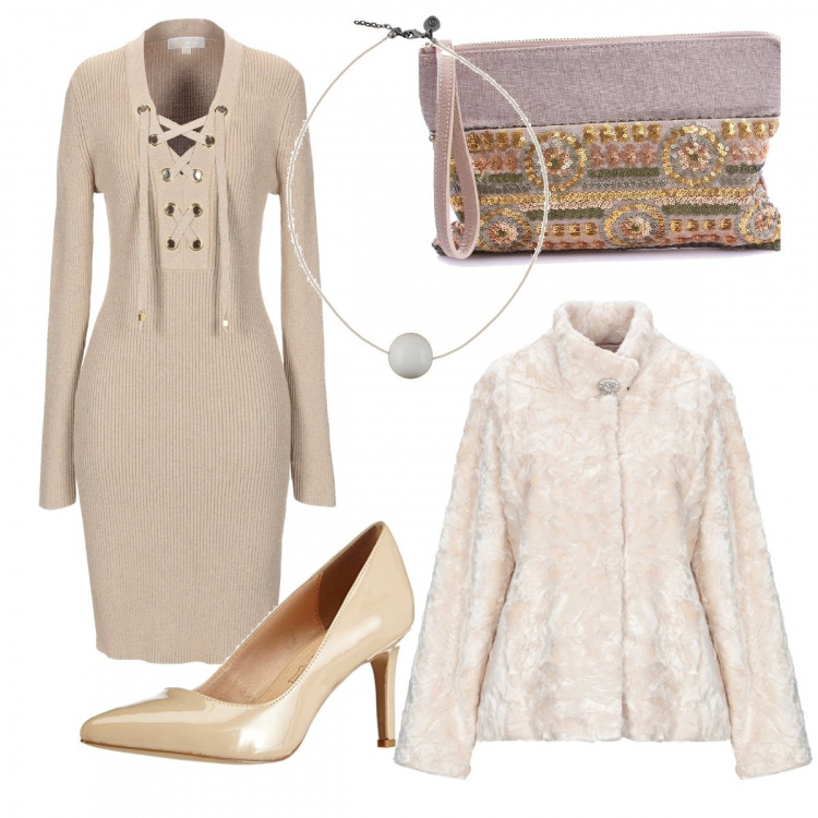 Outfit mujer - Women 2. Estilo Chic para Noche/Fiesta elegante. Combinación con zapatos de tacón beige, bolso, vestidos midi/longuettes, cappotto, colgantes.