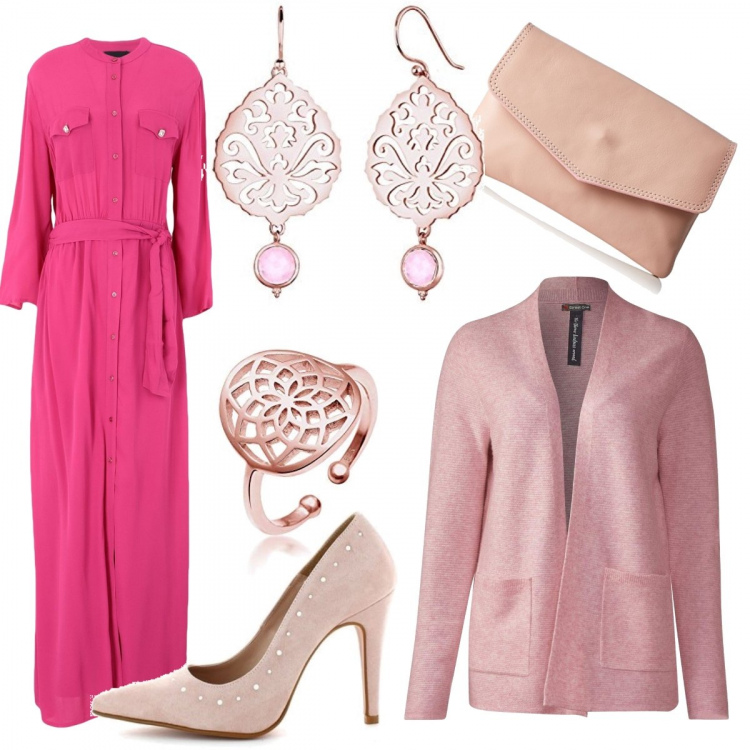 Outfit mujer - Women 4. Estilo Chic para Noche/Fiesta elegante. Combinación con maglioncino melange rosa, pendientes, anillos, clutch, stiletti rosa, vestito con strass in viscosa.