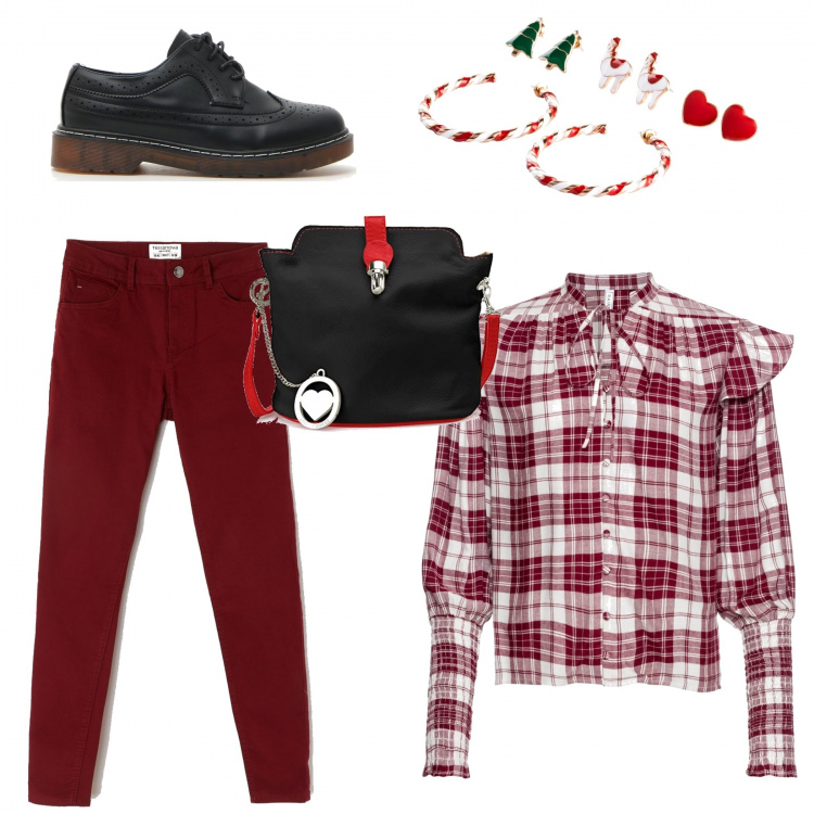 Outfit donna - Vigilia in casa. Stile Urban per Tutti i giorni. Abbinamento con costumi interi, camicia, pantalone tinta unita bordeaux, scarpe stringate, shopping bag multicolore.