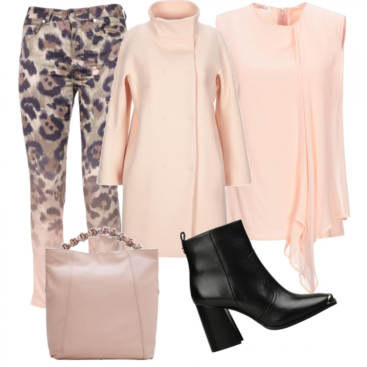 Outfit donna - Regalo alla mia amica. per Ufficio. Abbinamento con cappotto doppiopetto collo alto a maniche lunghe interno foderato tinta unita, pantalone lungo, stivaletti, top, borsa.
