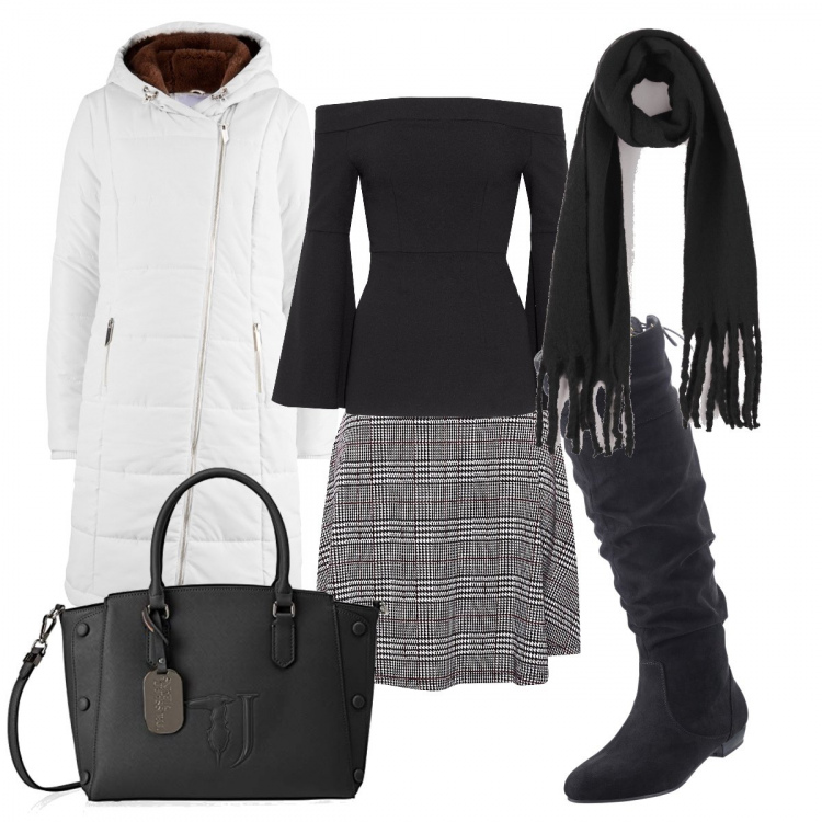 Outfit donna - Scozzese Black & White. Stile Urban per Tutti i giorni. Abbinamento con stivali, cappotti, bluse, sciarpa con frange tinta unita nero, gonne, borsa a mano tote nero.