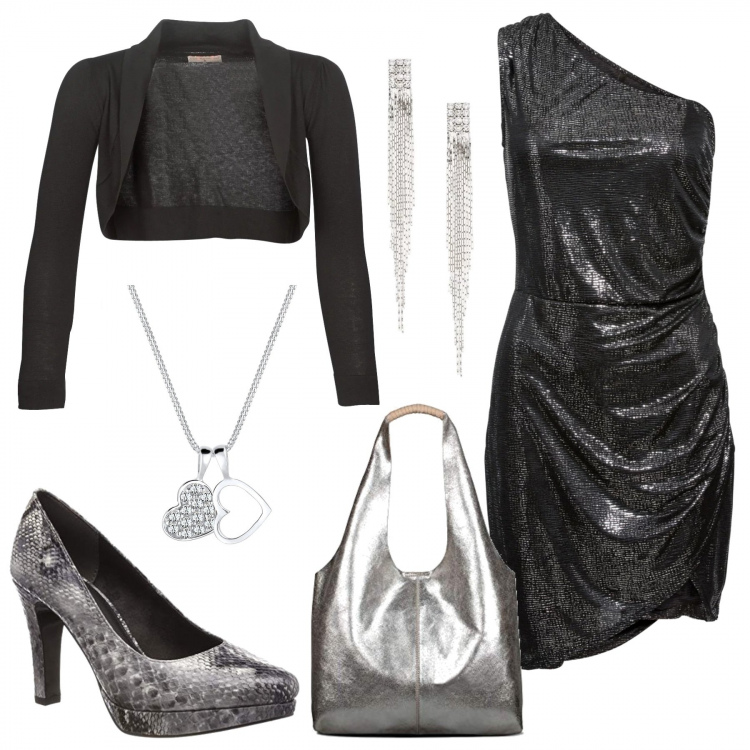 Outfit donna - Pronta per il Capodanno. Stile Chic per Serata fuori. Abbinamento con maglieria, orecchini, gilet, borse a mano, scarpe col tacco, ciondoli.