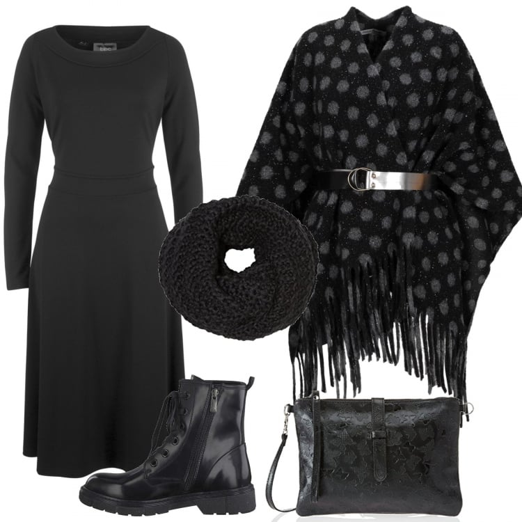 Outfit donna - Sciarpa musthave invernale. Stile Trendy per Serata fuori. Abbinamento con stivaletti, mantella lavorato a maglia, stivali, borse a mano, sciarpe.