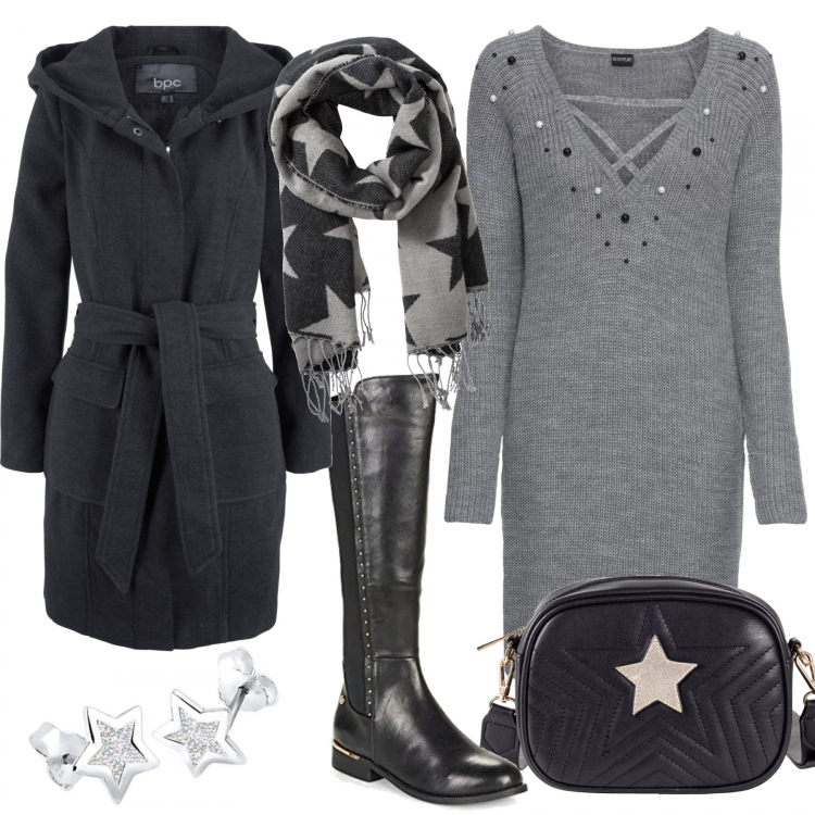 Outfit donna - Stelle ovunque. Stile Trendy per Serata fuori. Abbinamento con vestito con perle e scollo con lacci incrociati in in maglia grigio, giacca, borsa a tracolla interno foderato nero, pantaloni, stivali, orecchini.