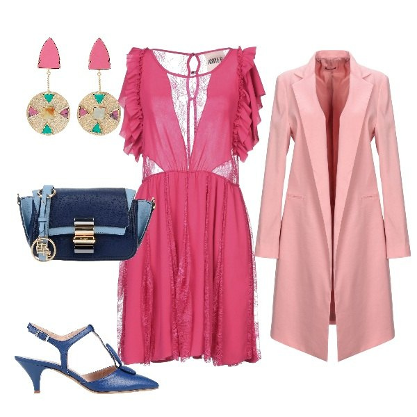 Outfit donna - Triangolo invertito Estate. Stile Bon Ton per Serata fuori. Abbinamento con vestiti corti, cappotti, décolleté, borsa a mano mini con balze fantasia a scatto in pelle sintetica con tracolla removibile, orecchini.