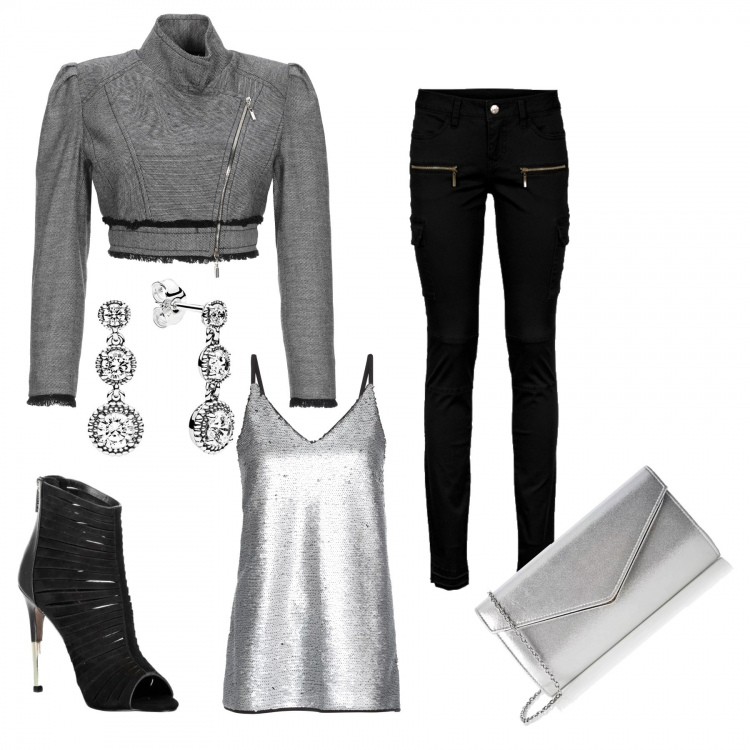 Outfit donna - Argento shock. Stile Trendy per Serata fuori. Abbinamento con pantaloni cargo, top, giacca a righe collo coreana a maniche lunghe con zip interno foderato in flanella monopetto, pochette, orecchini a pendolo argento, sandali con zip nero.
