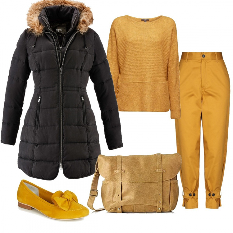 Outfit donna - Mocassini gialli con fiocco. Stile Basic per Tutti i giorni. Abbinamento con giacche, pantaloni, ballerine in velluto giallo, felpe, borse a tracolla.