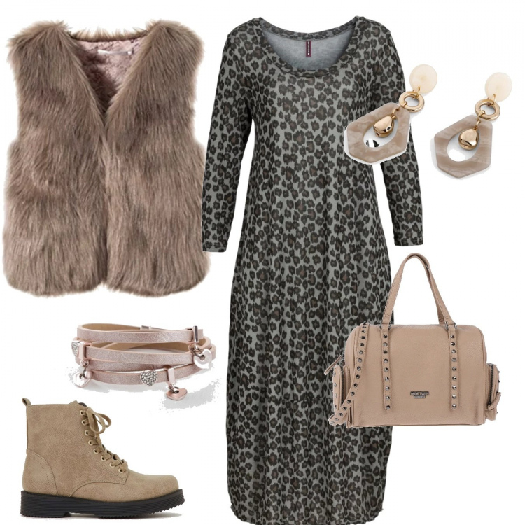 Outfit donna - 5 minuti e... scendo!. per Tutti i giorni. Abbinamento con vestiti midi/longuette, bracciale, orecchini pendenti beige, borsa a mano fantasia multicolore taglia media con zip in pelle sintetica con tracolla removibile, anfibi con zip tinta unita beige, parka.