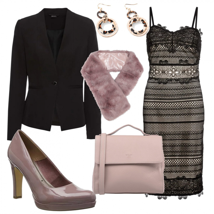 Outfit donna - Vestito in pizzo per la cena aziendale. Stile Chic per Serata fuori. Abbinamento con stola, borsa a mano mini con manico in pelle martellata con zip interno foderato tinta unita, blazer, vestiti, pullovers, scarpe col tacco.