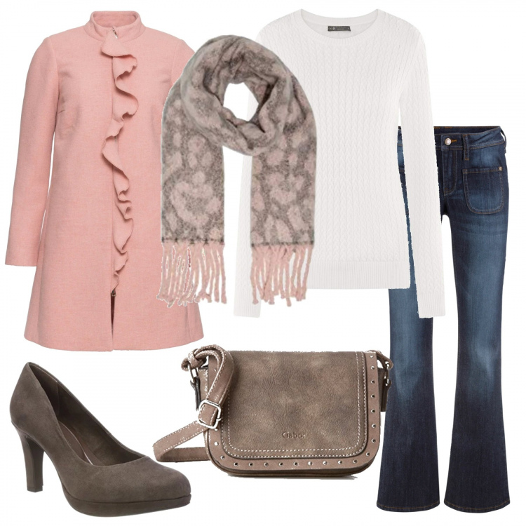 Outfit donna - Il regalo dell\'ultimo minuto. Stile Trendy per Serata fuori. Abbinamento con pantaloni, jeans bootcut, maglione, borsa a tracolla marrone, sciarpe, scarpa col tacco.