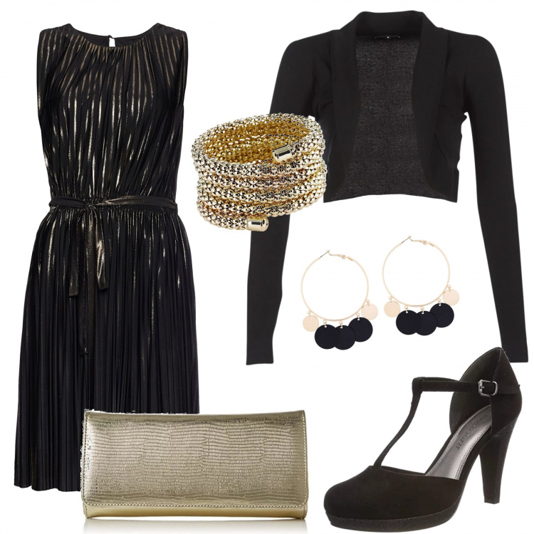 Outfit donna - Oro a Natale. Stile Chic per Serata fuori. Abbinamento con bracciale con sfere oro, orecchini, gilet, vestiti senza maniche, scarpe col tacco, borse a mano.