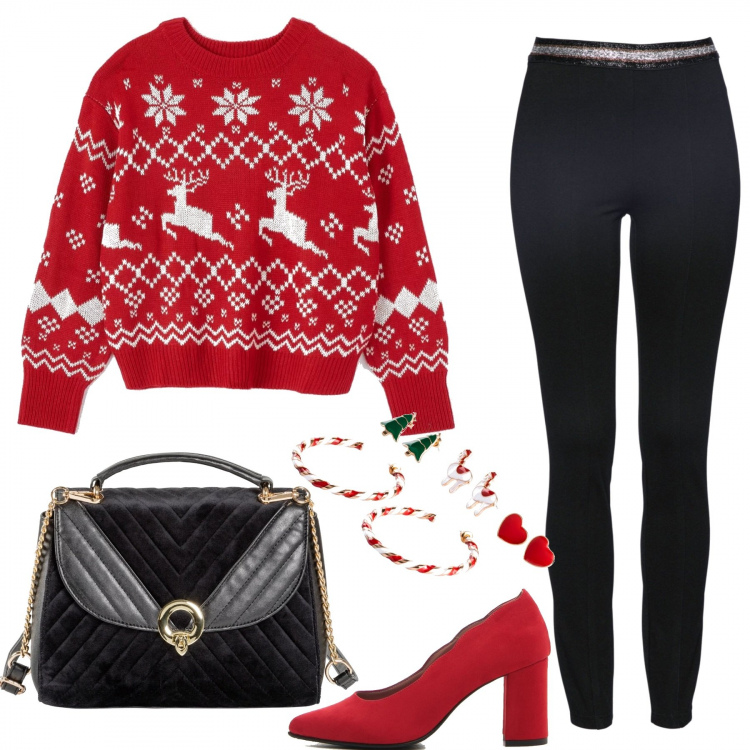 Outfit donna - Spirito natalizio. Stile Basic per Tutti i giorni. Abbinamento con costumi interi, pantalone jersey nero, borsa a mano nero, maglione jacquard rosso, décolleté.