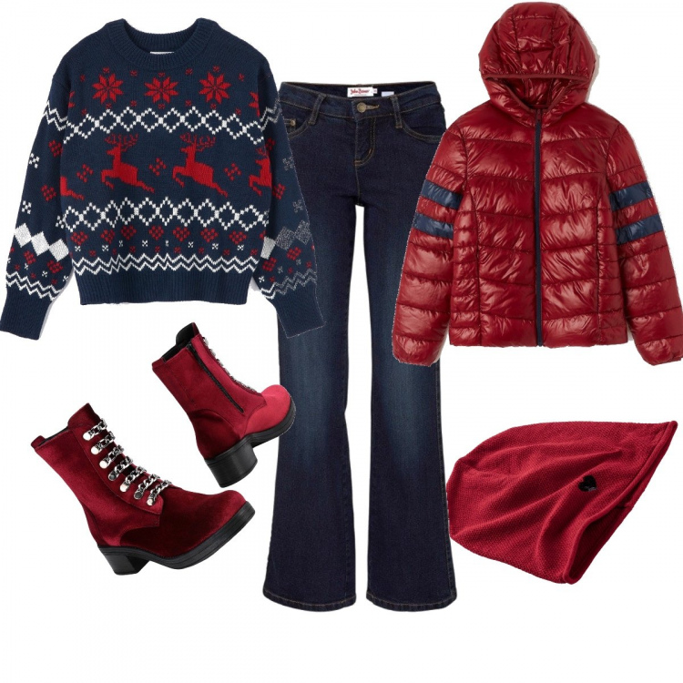 Outfit donna - Il maglione di Natale. Stile Urban per Tutti i giorni. Abbinamento con jeans bootcut, vestiti, stivaletti con tacco squadrato e zip interno in pelle con punta tonda pianta larga in velluto tinta unita, maglione con ricamo jacquard blu, piumino con cappuccio a maniche lunghe con zip bordeaux.