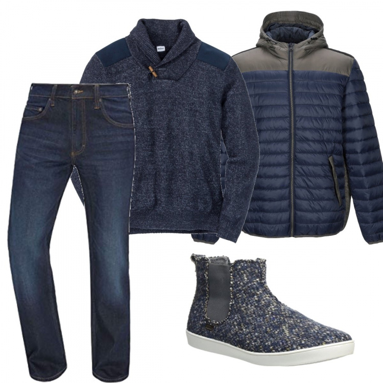Outfit uomo - Urban #1978. Stile Urban per Tutti i giorni. Abbinamento con maglieria, piumino, jeans dritti, stivaletti.