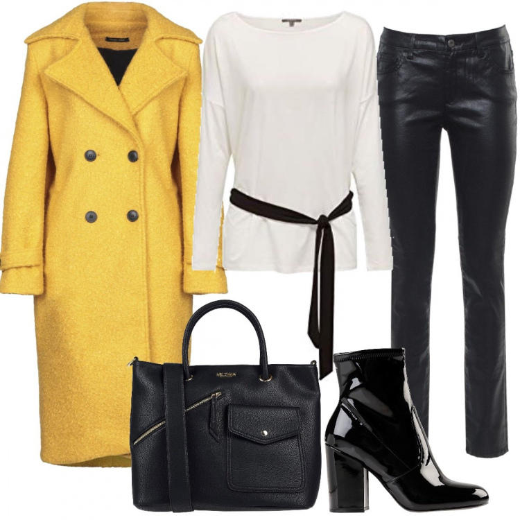 Outfit donna - Racconto il mio 2019. Stile Trendy per Tutti i giorni. Abbinamento con borsa a mano maxi con zip in pelle sintetica tinta unita, cappotto doppiopetto collo con revers a maniche lunghe con cinturino interno foderato in bouclè tinta unita, stivaletti, pantalone in denim nero, pullovers.