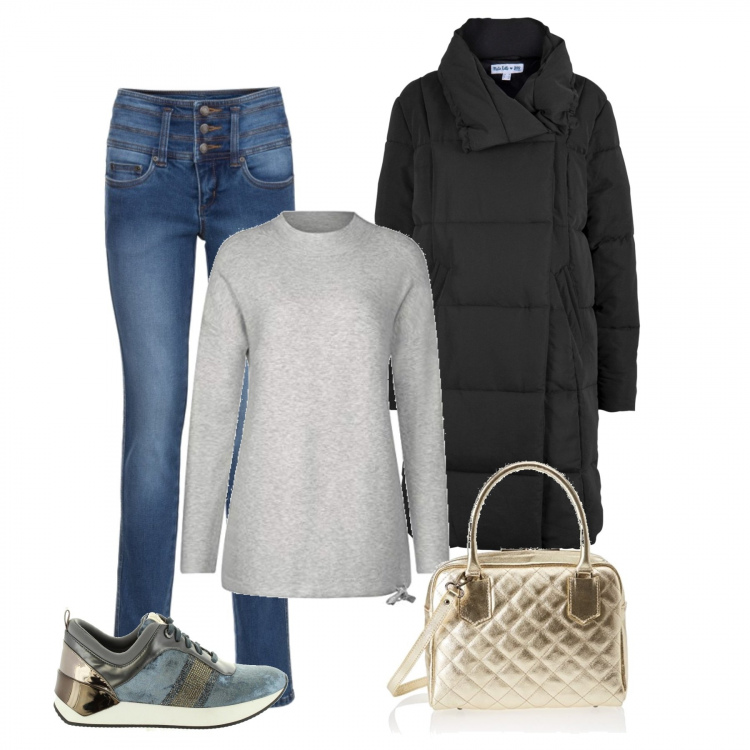 Outfit donna - Il mio 2019. Stile Basic per Tutti i giorni. Abbinamento con jeans, giubbotto, sneakers, felpe, shopping bag oro.