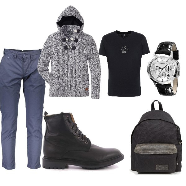 Outfit uomo - Everyday style. Stile Urban per Ufficio. Abbinamento con maglieria, t-shirt con stampa collo tondo a maniche corte in cotone tinta unita, borse sportive, stivaletti nero, pantalone con zip blu, orologio.