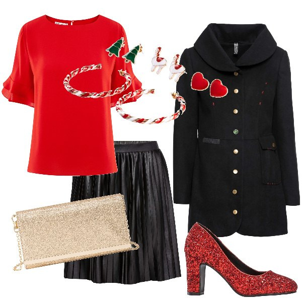 Outfit donna - Regala un outfit: scintillante curvy. Stile Chic per Serata fuori. Abbinamento con costumi interi, cappotto, gonna plissè elasticizzato nero, décolleté, pochette, camicie.