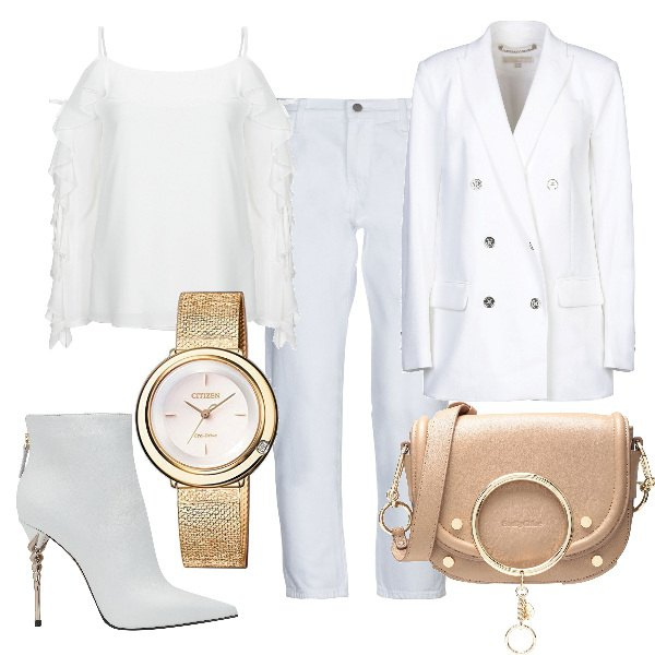 Outfit donna - Trendy #37031. Stile Trendy per Serata fuori. Abbinamento con borse a spalla, bluse, blazer, stivaletti, jeans, orologio analogico.