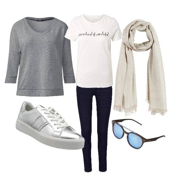 Outfit mujer - Excursión. Estilo Basic para Todos los días. Combinación con felpa melange grigio, maglietta bianco, vaqueros pitillo, sneakers argento, gafas de sol, sciarpa beige.
