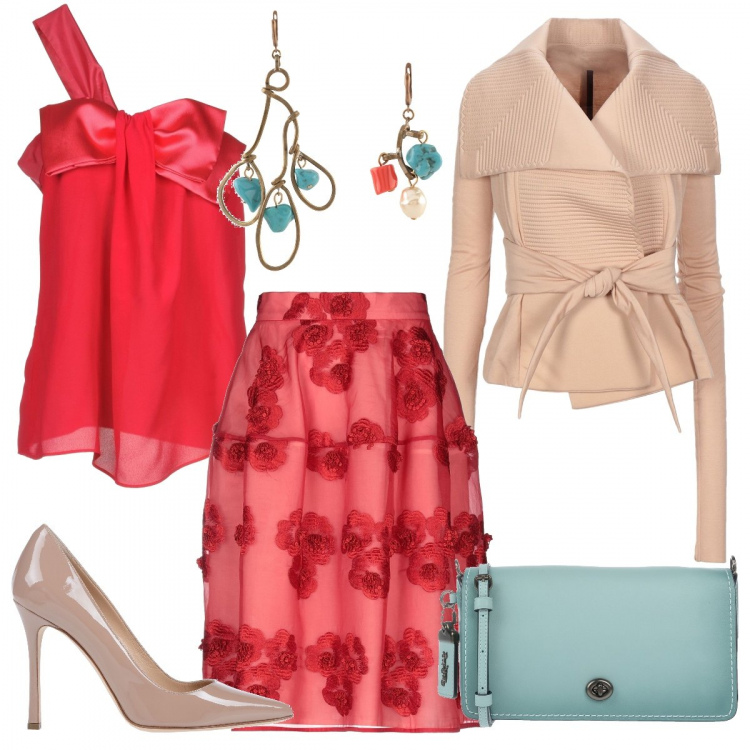 Outfit donna - Gonna in festa. Stile Chic per Cerimonia. Abbinamento con gonne longuette, cappotto, top, décolleté, borse a mano, orecchini.