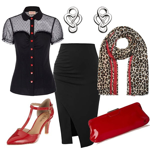 Outfit donna - Donna con la gonna stile vintage. Stile Sexy per Serata fuori. Abbinamento con camicia, minigonne, sciarpa, scarpa col tacco, borse a spalla, orecchini a perno con nodi argento.